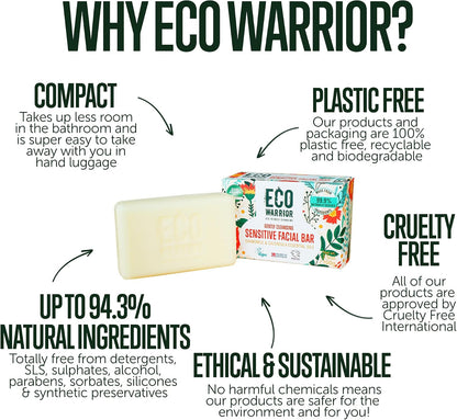 Eco Warrior Sensitive Facial Bar Soap | Vegan, Cruelty-Free, No SLS or Parabens, Eco Friendly - Gently Cleansing Natural Soap Bar Made with Castile Olive, Chamomile &amp; Calendula Essential Oils, 100g