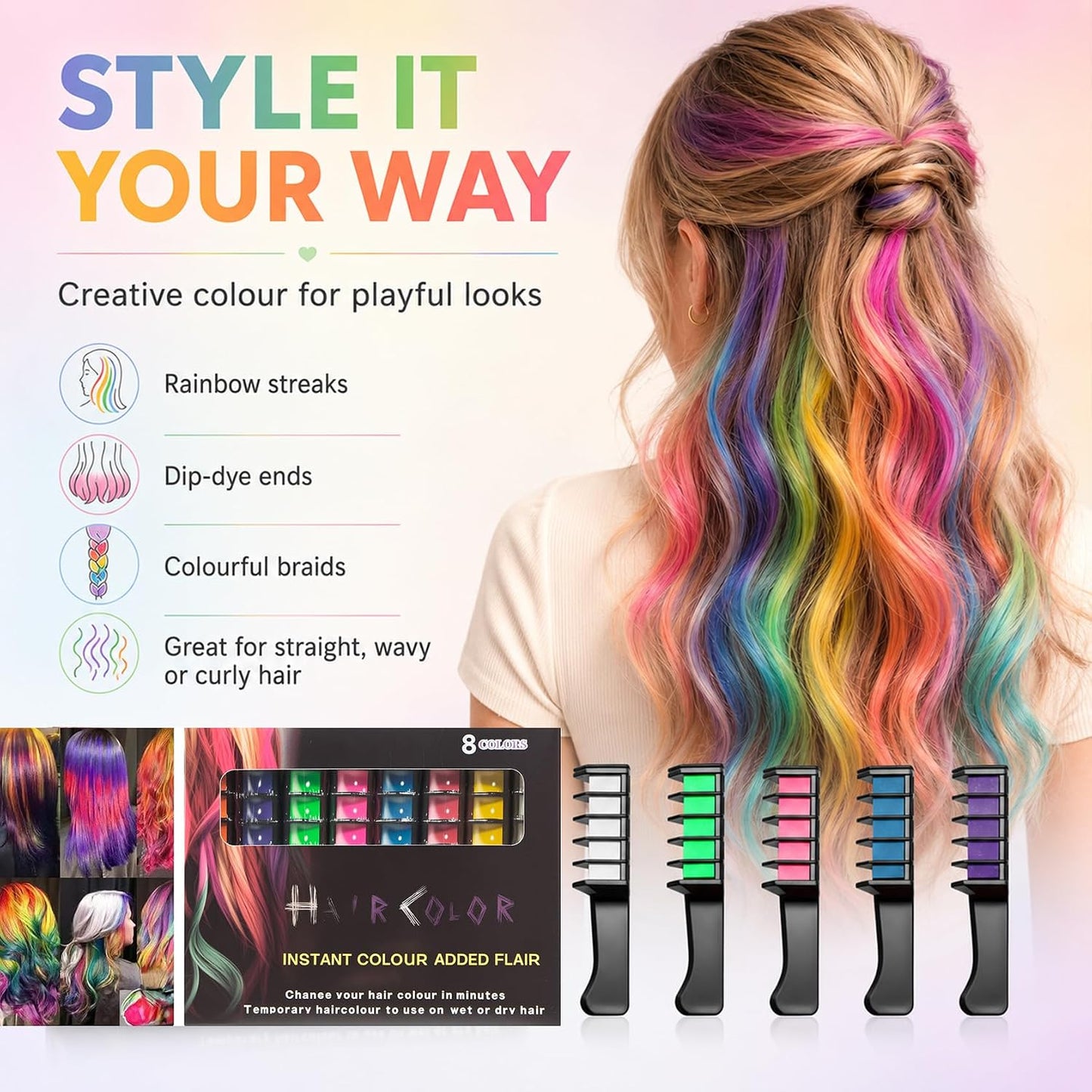 8PCS Rainbow Fun Washable Hair Chalk Comb Set - Easy-Glide Temporary Hair Colour for Layered Rainbow Streaks, Creative Festival Looks, Wash-Out Party Styling &amp; Colourful Weekend Fun