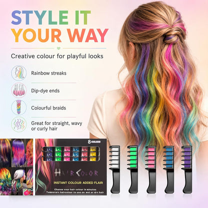 8PCS Rainbow Fun Washable Hair Chalk Comb Set - Easy-Glide Temporary Hair Colour for Layered Rainbow Streaks, Creative Festival Looks, Wash-Out Party Styling &amp; Colourful Weekend Fun