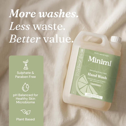 Miniml Hand Soap Wash Liquid 5L Refill - Lime, Basil &amp; Mandarin Infused Hand, Skin &amp; Body Wash Gel for Soft and Sensitive Skin Care - 100% Vegan &amp; Cruelty Free