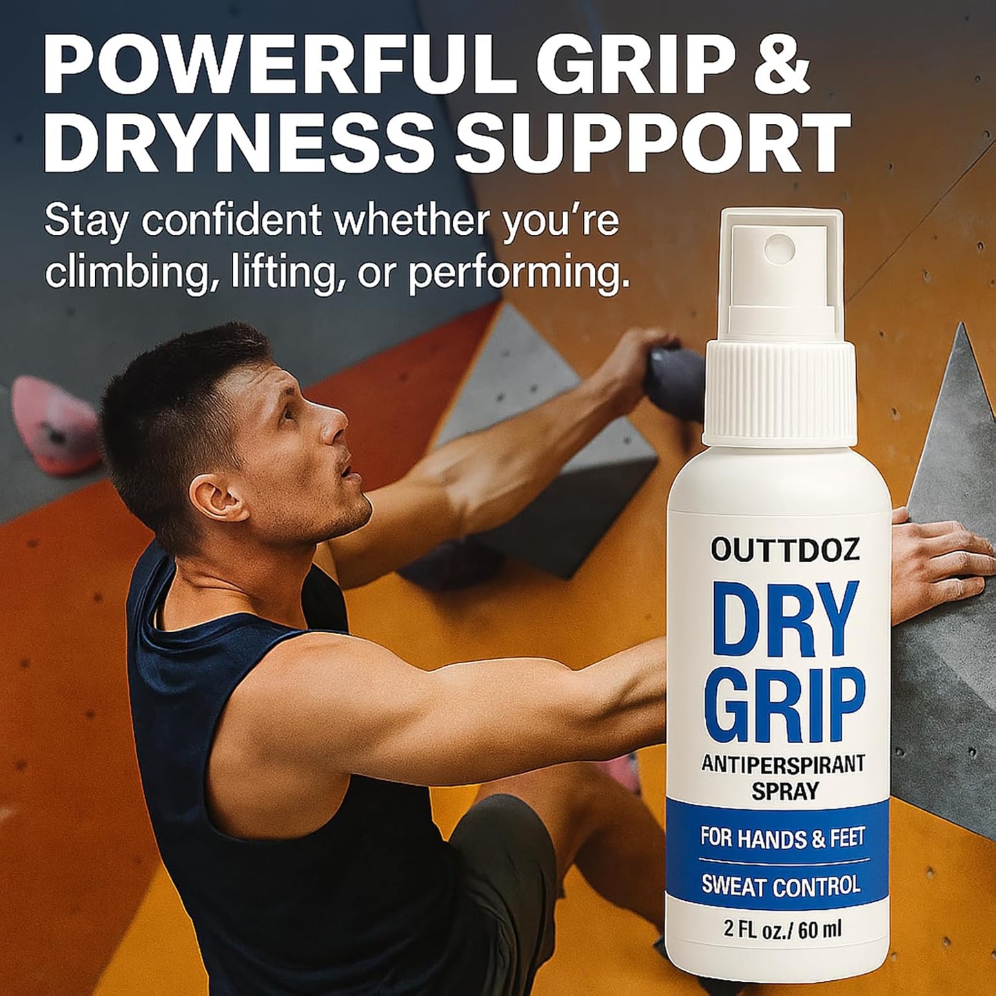 DryGrip Antiperspirant Spray for Hands and Feet – Extra Strength Sweat Control with 15% Aluminum Chloride – Grip Enhancer for Climbing, Gymnastics, Weightlifting, Dance and Sports (1 Pack)