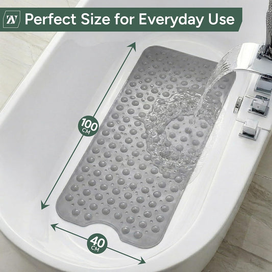 Zuvo Non-Slip Bath Mat for Inside Bath – Extra Long 100 x 40cm, Anti Mould, Machine Washable Shower Mat with Suction Cups &amp; Drain Holes – Safe for Kids &amp; Elderly (Grey)