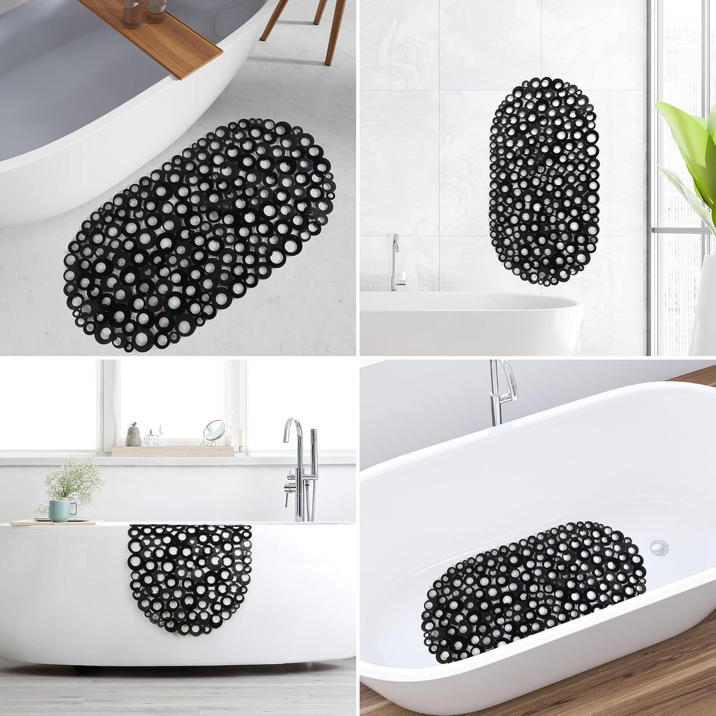 WELTRXE Bath Mat Non Slip Anti Mould, 69x35cm Oval Black PVC Bathtub Mat, Ring Pattern Shower Mat for Inside Bath, Non Slip Bath Tub Mat with Suction Cups, Quick Drain, Machine Washable