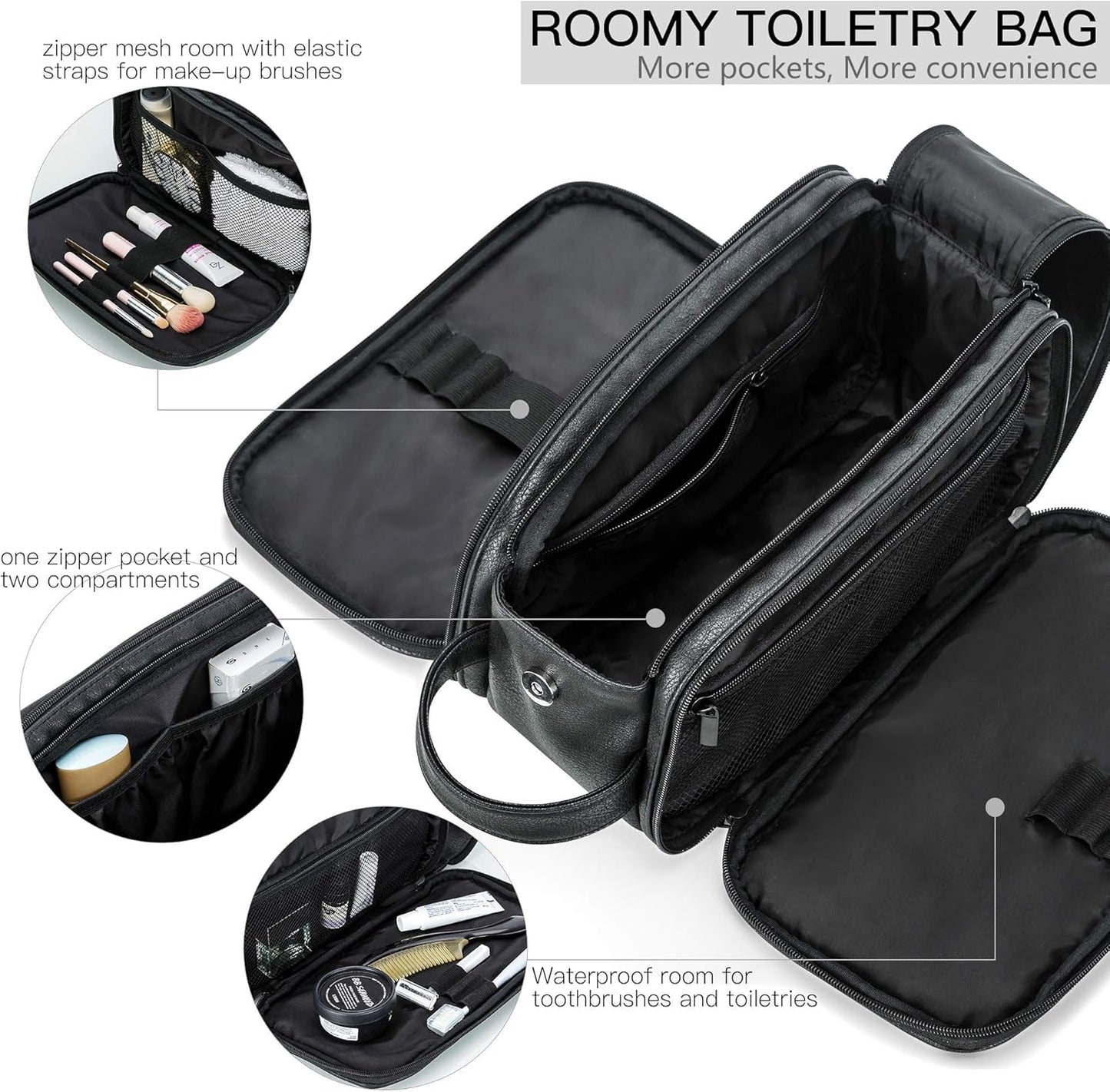 Elviros Water-Resistant PU Leather Toiletry Bag for Men Large Travel Wash Bag Shaving Dopp Kit Bathroom Gym Toiletries Makeup Organizer with Wet Dry Bag,Gift for Men