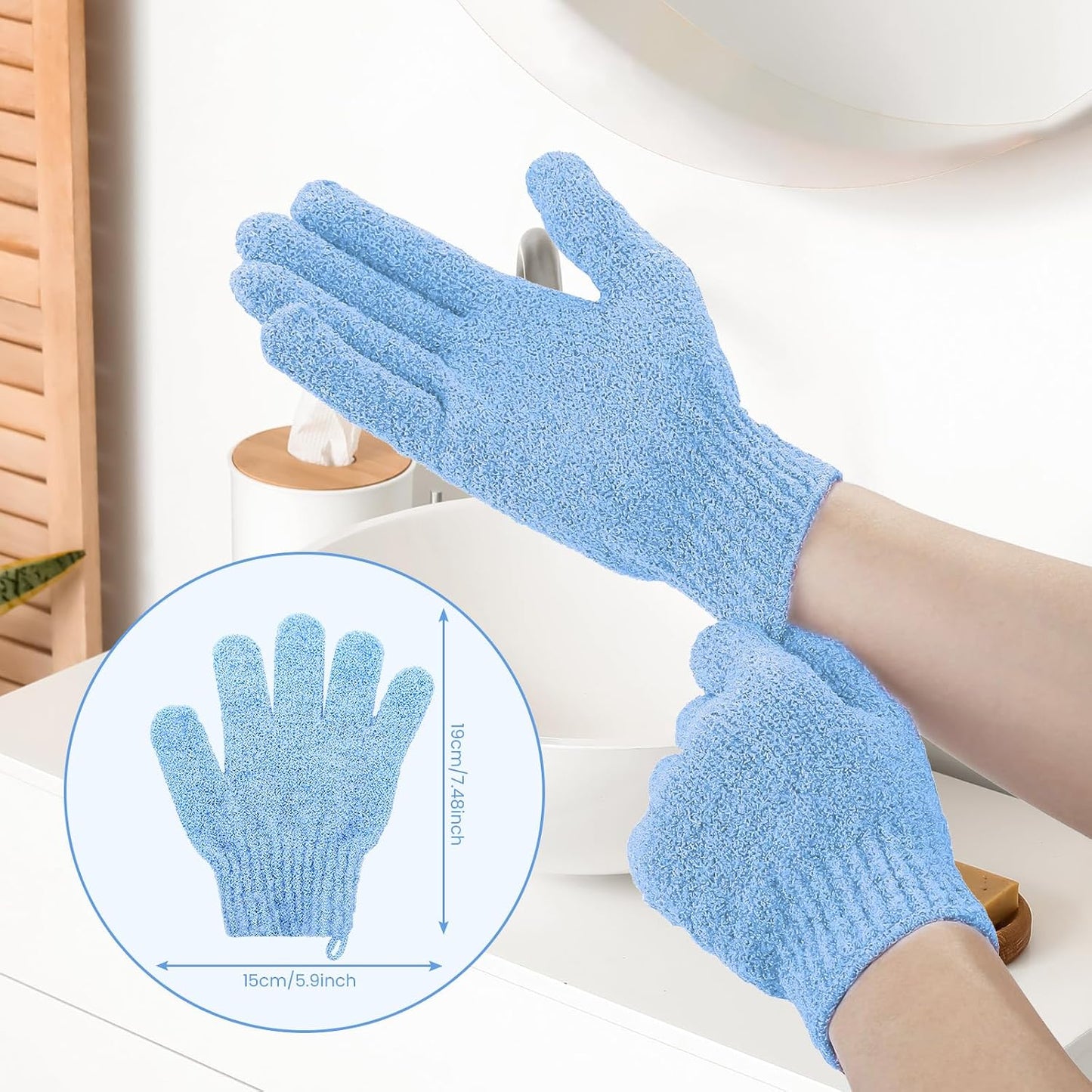 6Pcs Exfoliating Gloves - Bamboo Shower Gloves - Bath and Body Exfoliator Mitts - Scrubs Away Ingrown Hair and Dead Skin - for Shower, Spa and Massage Cell Remover Loofah - White, Red, Blue