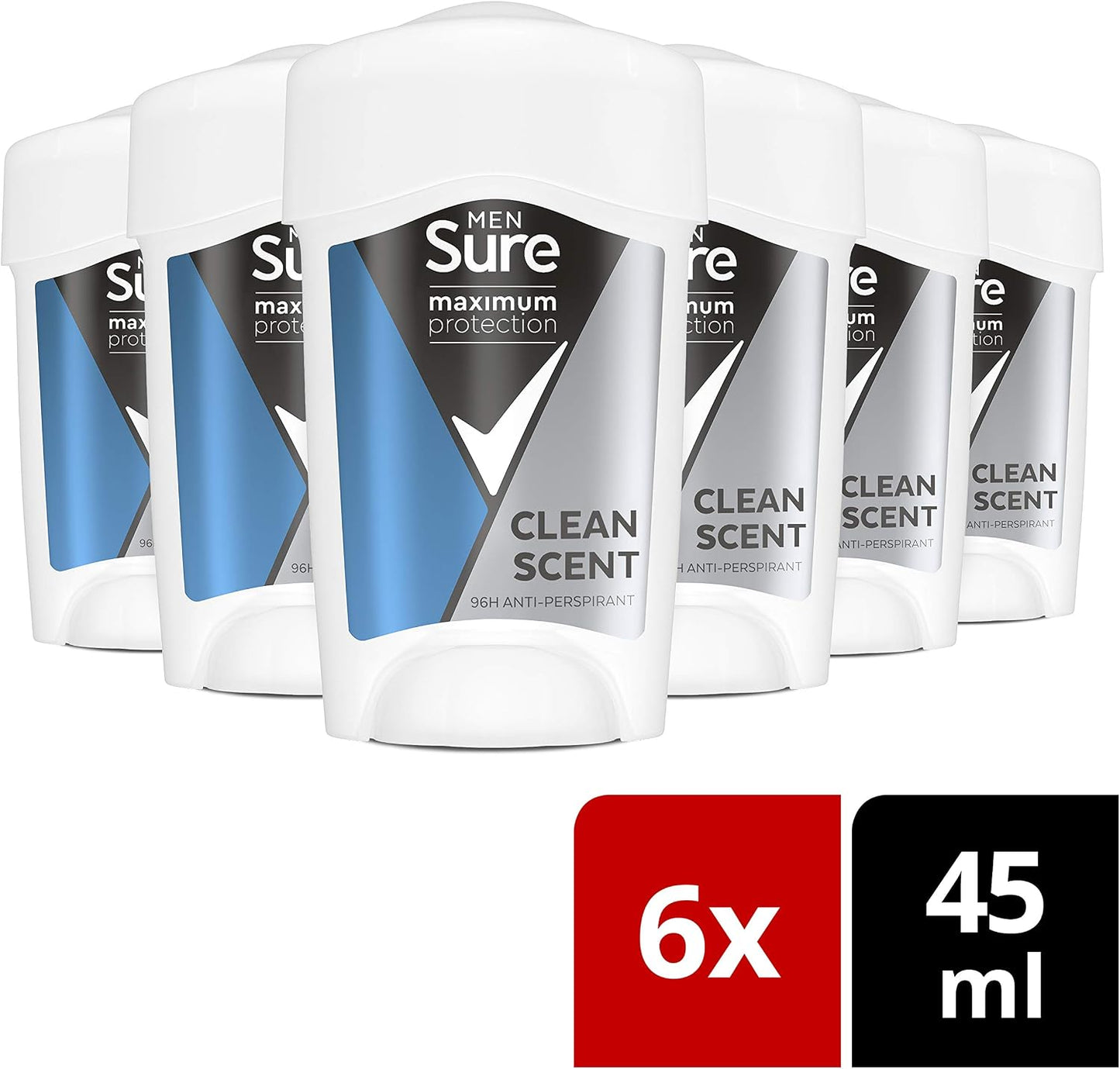 Sure Men Maximum Protection Clean Scent Antiperspirant Deodorant Cream Stick with 3x stronger* sweat protection for 96 hour sweat and odour protection 45 ml, Pack of 6