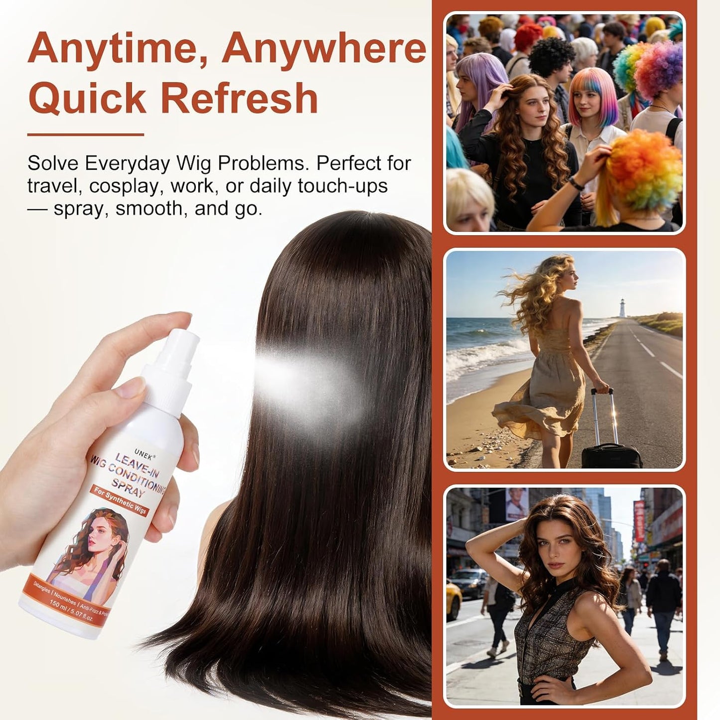 UNEK Leave-in Synthetic Wig Care Spray - Instant Detangling &amp; Frizz Control, Quick Refresh Anytime, Easy Care No Rinse - 150ml