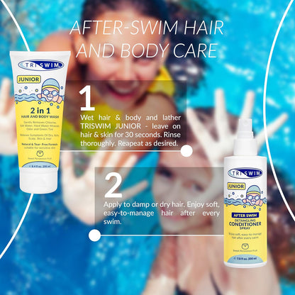 TRISWIM Junior After Swim Detangling Conditioner Spray for Kids | Protects &amp; Repairs Hair Damaged by Chlorine, Pool Chemicals &amp; Saltwater | Post Swimming Hair Detangler | Sweet Persimmon Fruit, 200 ml