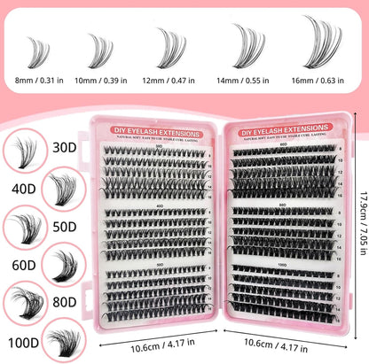 KEYRI 580 Pieces Individual Eyelashes 30-100D Cluster Lashes Kit | DIY Eye Lashes Fluffy Russian Eyelashes Extensions Curly Durable Eyelash Clusters for Girls and Women (8-16mm Mix)
