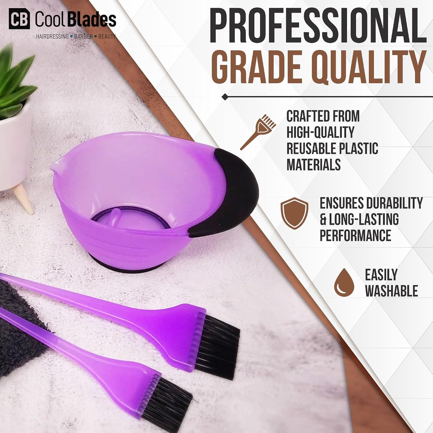 Professional Hairdresser's 3 Piece Purple Tinting/dye kit, includes Tinting Bowl, 1 large and 1 Small Tint Brush. An ideal hair dye bowl and brush set for work or home use.