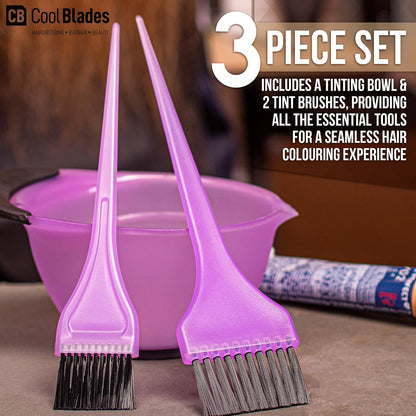 Professional Hairdresser's 3 Piece Purple Tinting/dye kit, includes Tinting Bowl, 1 large and 1 Small Tint Brush. An ideal hair dye bowl and brush set for work or home use.