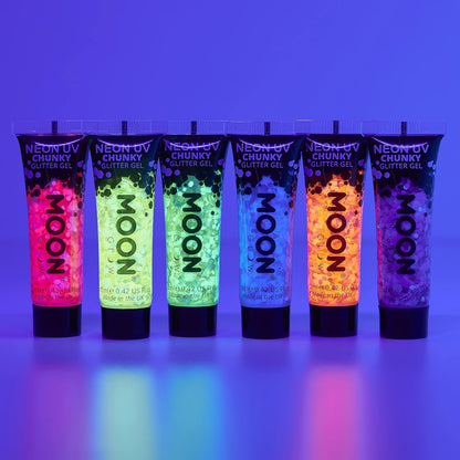 Moon Glow - Neon UV Face &amp; Body Chunky Glitter Gel - 12ml (Set of 6)