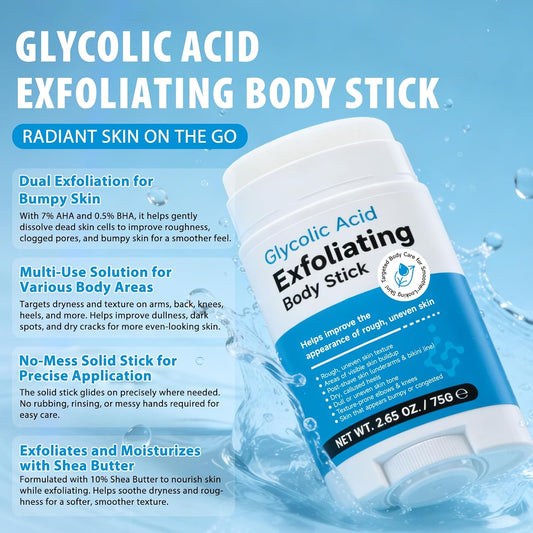 Glycolic Acid Exfoliating Body Stick &amp; Cream, Gentle Exfoliating Body Scrub Stick, Smooths Rough Skin,Reduces the Appearance of Cellulite— For Arms, Legs, Inner Thighs, Underarms &amp; Rough Areas, 2.65 O