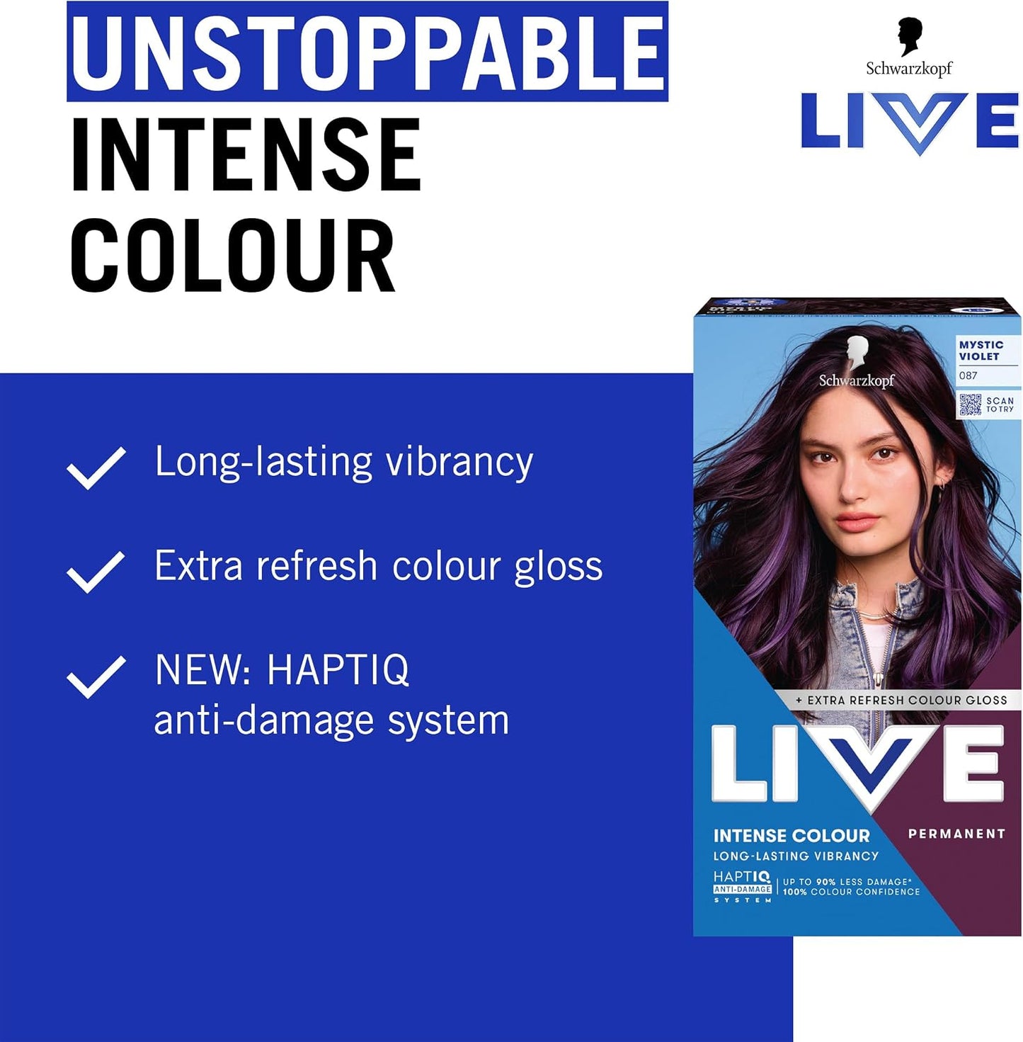 Schwarzkopf LIVE Intense Colour 087 Mystic Violet, Long-lasting Permanent Violet Hair Dye, With Extra Colour Refresh Gloss