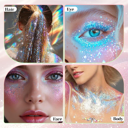 Prreal 50ml Roll-on Body Glitter, Holographic Face Glitter Gel for Eye Hair, Mermaid Sequins Festival Accessories, Chameleon Color Body Shimmer Glitters Face Paint Makeup Rave Outfits, Mermaid