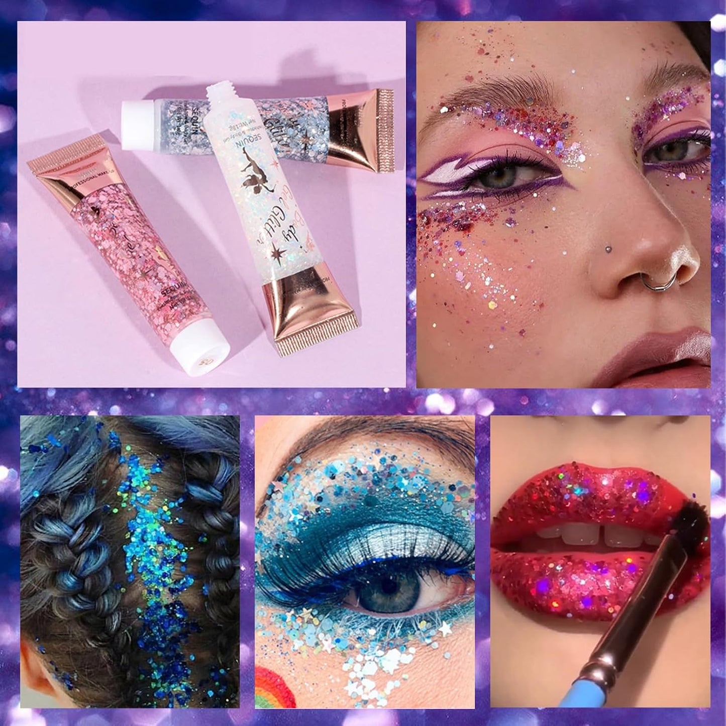 Body Glitter Gel, Face Sequins Chunky Mermaid Liquid Holographic for Body, Cheeks and Hair, Sparkling Festival Party Lotion Beauty Makeup, Nail Art DIY (02#)