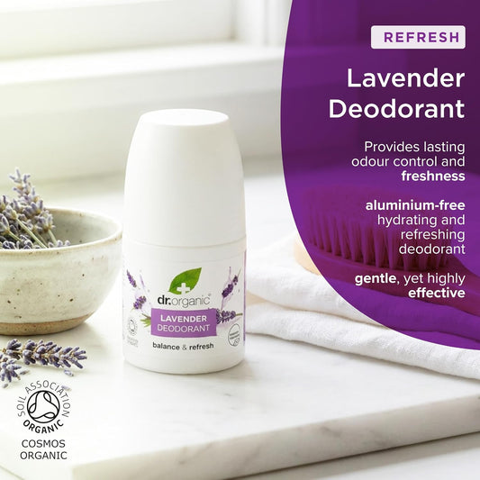 Dr Organic Lavender Deodorant, Aluminium Free, Mens, Womens, Natural, Vegan, Cruelty-Free, Paraben &amp; SLS-Free, Recycled &amp; Recyclable, Certified Organic, 50ml, Packaging may vary