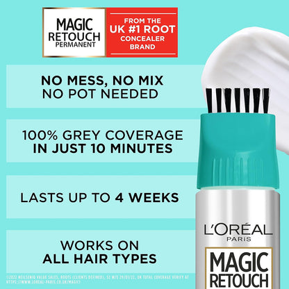 L'Oréal Paris Magic Retouch Instant Root Spray, Dark Brown 4. Delivers flawless coverage for grey regrowth in 3 sec. 75ml Dark Brown 4 shade provides a quick, easy natural-looking solution for roots.