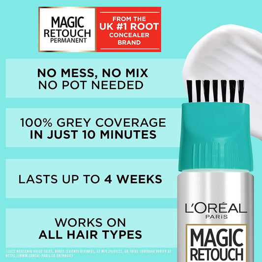 L'Oréal Paris Magic Retouch Instant Root Spray, Dark Brown 4. Delivers flawless coverage for grey regrowth in 3 sec. 75ml Dark Brown 4 shade provides a quick, easy natural-looking solution for roots.