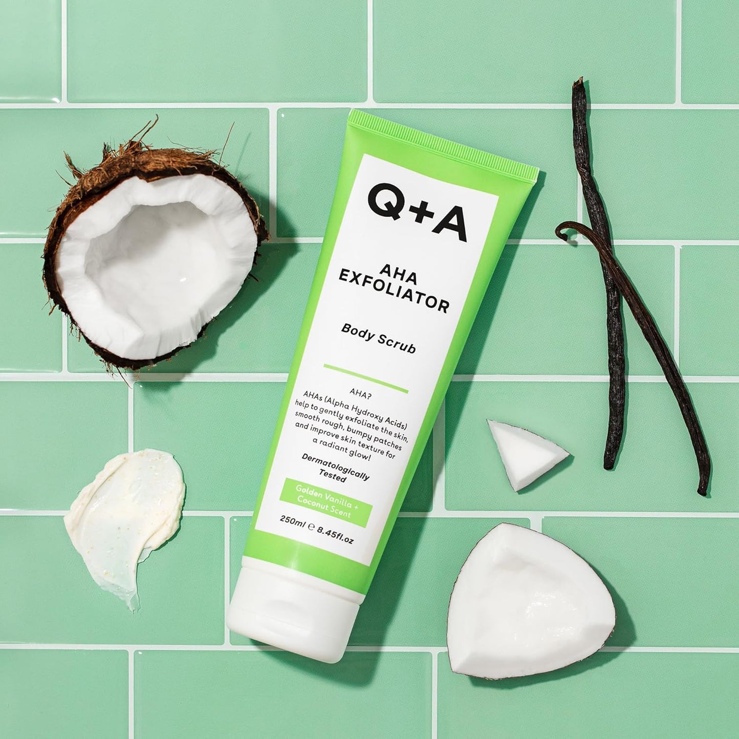 Q+A AHA Exfoliator Body Scrub (250ml), Exfoliating Body Scrub with AHA and Lactic &amp; Glycolic Acid, Smooths Rough Dry Skin, Brightens &amp; Hydrates, Vanilla &amp; Coconut Scent