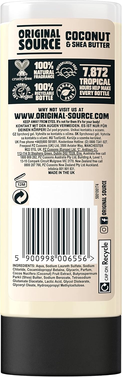 Original Source Coconut and Shea Butter Shower Gel, 100 Percent Natural Fragrance, Vegan, Cruelty Free, Paraben Free, Bulk Buy, Pack of 6 x 500 ml