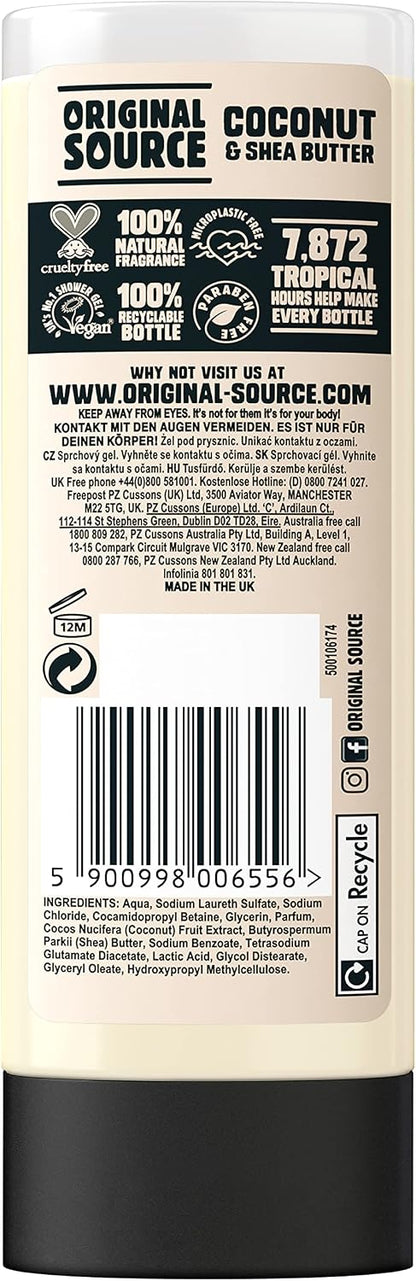 Original Source Coconut and Shea Butter Shower Gel, 100 Percent Natural Fragrance, Vegan, Cruelty Free, Paraben Free, Bulk Buy, Pack of 6 x 500 ml
