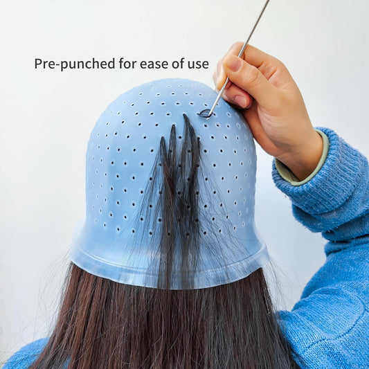 Losaria 9 Pcs Highlighting Cap Kit Pre Holed Highlighting Cap Holes Opened Highlights Cap Hair Dye Cap Silicone Streaking Cap Frosting Cap with Disposable Professional Hair Colouring Dye Tools Kit