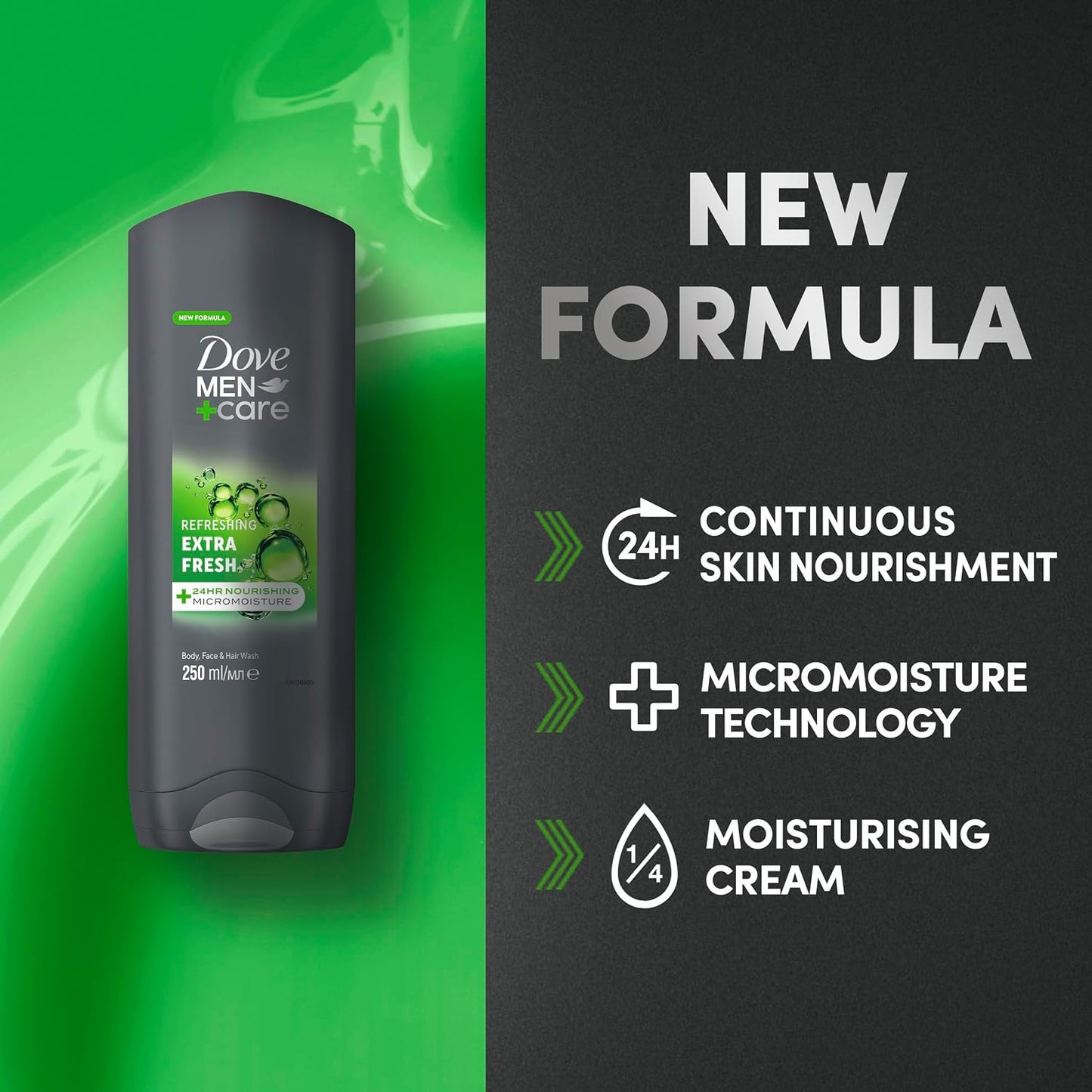 Dove Men+Care Refreshing Extra Fresh Men's 3-in-1 Hair, Face and Body Wash Body Cleanser shower gel with 24 hour nourishing MicroMoisture technology for healthy and smooth skin all day 250 ml