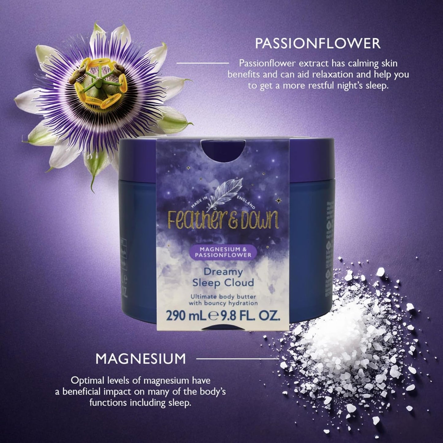 Feather &amp; Down Magnesium and Passionflower Dreamy Sleep Cloud (290ml) - Whipped Body Butter Infused with Magnesium and Passionflower Extract, Calms for Anxiety &amp; Stress, Relaxation Aromatherapy
