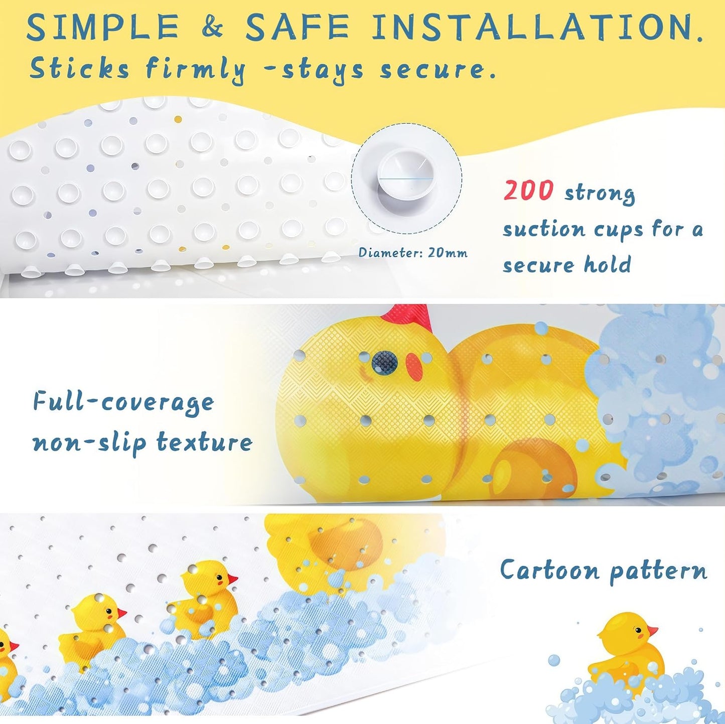 Bath Mat Non Slip Cute Yellow Duck - 100x40cm Extra Long Kids Bath Mat Anti Mould, Machine Washable Toddler Shower Mat with Suction Cups for Secure Grip, Easy Clean &amp; Fast Drying