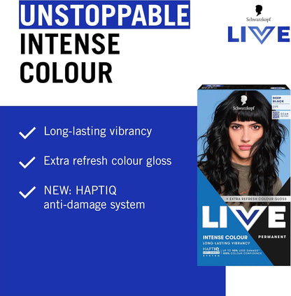 Schwarzkopf LIVE Intense Colour 099 Deep Black, Long-lasting Permanent Black Hair Dye, With Extra Colour Refresh Gloss