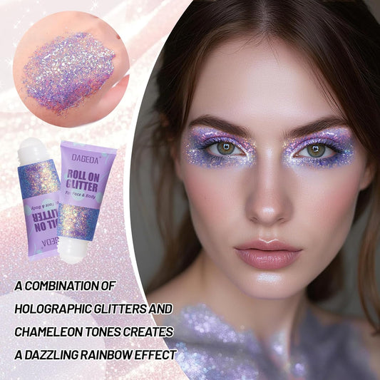 Prreal 50ml Roll-on Body Glitter, Holographic Face Glitter Gel for Eye Hair, Mermaid Sequins Festival Accessories, Chameleon Color Body Shimmer Glitters Face Paint Makeup Rave Outfits, Mermaid