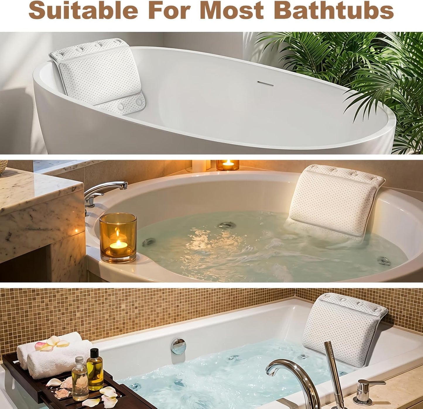 Bathtub Pillow Spa Bath Pillow Soft Cushioned Spa Headrest with 8 Non-Slip Suction Cups, Waterproof PVC &amp; Air Quilted Mesh, Support Neck &amp; Back for Relaxing Bath White