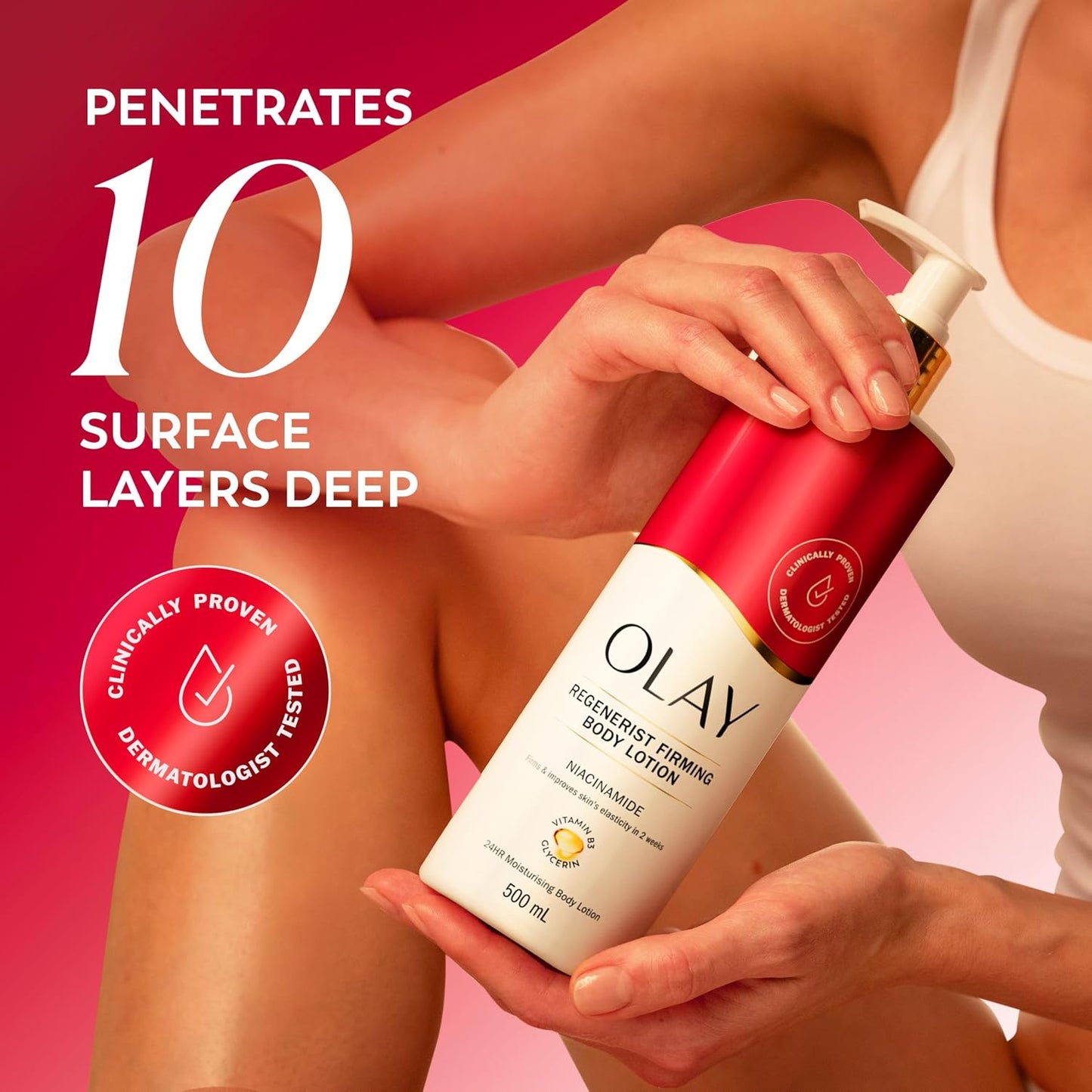 Olay Niacinamide Regenerist Body Lotion, 24HR Moisturising Cream for Full Body Skin Care, Defies Aging, with Niacinamide, Vitamin B5 B3, Glycerin, Smooth and Moisturised Skin, No Greasy Residue, 500ml