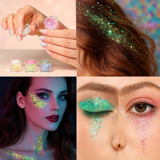 6 Colors Glow in the Dark Festival Face Glitter Gel, Hair &amp; Body, Self-Adhesive Chunky Glitter Paint for Parties, Raves, Neon &amp; Luminous Effects for Dazzling Festival Looks (6 Colours Neon Glow)