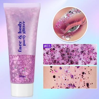 Sularpek 3 Pcs Face Glitter, 50ml Hair Glitter Gel, Sequins Shimmer Liquid Eyeshadow, Mermaid Sequins Festival Glitter for Face Body Eye Hair Festival Party Makeup Decoration