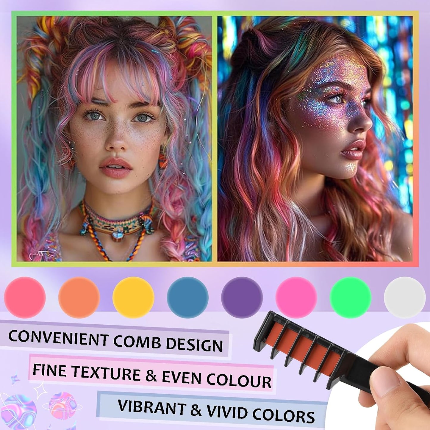 8 Colours Hair Chalk Comb - Temporary Hair Dye - Vibrant Hairstyle For Halloween, Xmas &amp; Birthday Makeup - Convenient, Portable &amp; Washable Colorful Hair Chalks