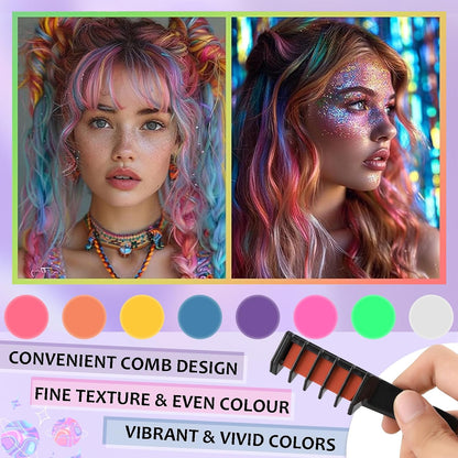 8 Colours Hair Chalk Comb - Temporary Hair Dye - Vibrant Hairstyle For Halloween, Xmas &amp; Birthday Makeup - Convenient, Portable &amp; Washable Colorful Hair Chalks