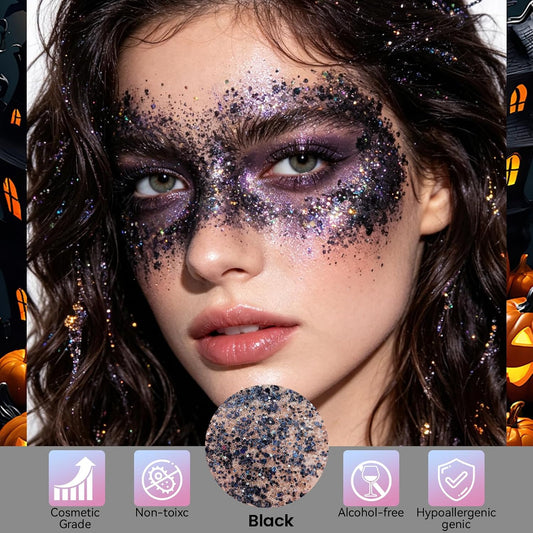 Prreal Body Glitter, Mermaid Sequins Glitter Stick Face Body Sparkling Glitters, Chunky Holographic Hair Glitters, Durable Lips Nails Festival Carnival Rave Singer Concert Halloween Makeup,#16 Black