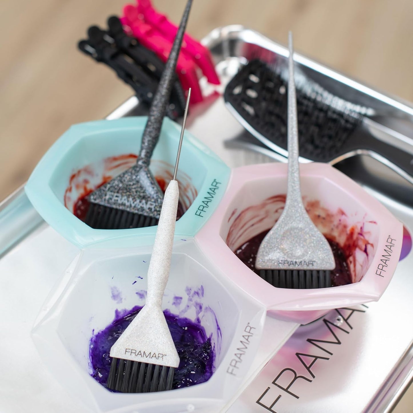 FRAMAR Hair Dye Brush Set – Hair Colour Brush For Hair Bleach Kit, Hair Tint Brush For Hair Lightener, Highlights Hair Dye Kit, Tinting Brush For Root Touch Up, Hair Highlighting Kit – 3 Pack Glitter