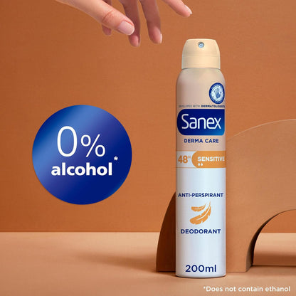 Sanex Derma Care Sensitive 48-Hour Antiperspirant Spray Deodorant 200ml – long-lasting freshness against sweat and odour – gently cares for skin – contains 0% alcohol*