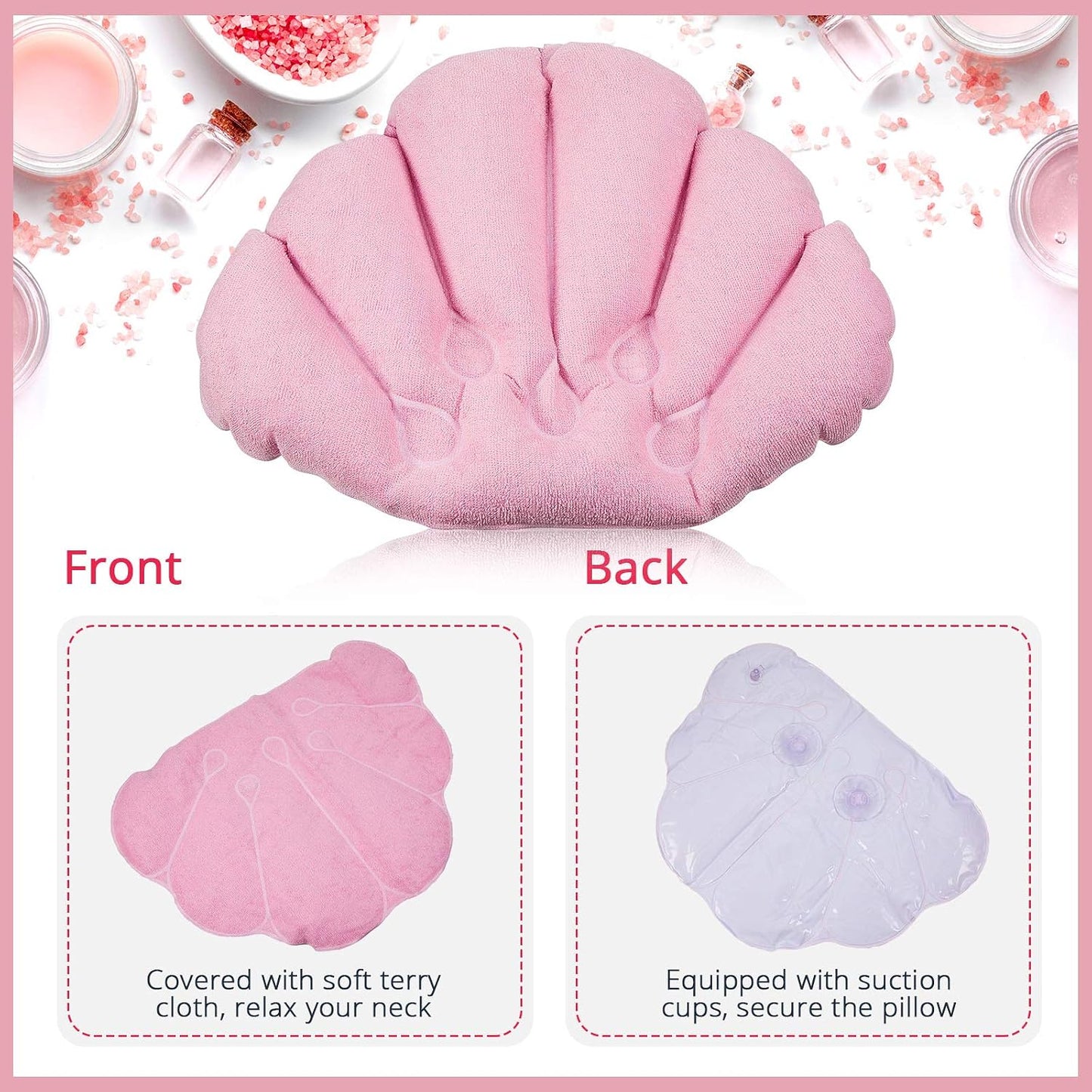 3 Pieces Inflatable Bath Pillow with Suction Cups, Terry Cloth Covered Shell Shape Bathtub Spa Pillow Comfortable Soft Cushion, Neck Support(Pink, Blue, White)