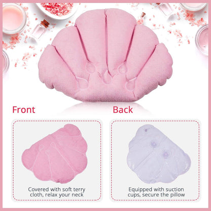 3 Pieces Inflatable Bath Pillow with Suction Cups, Terry Cloth Covered Shell Shape Bathtub Spa Pillow Comfortable Soft Cushion, Neck Support(Pink, Blue, White)