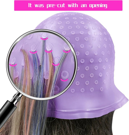 Punched Hole Silicone Highlight Hair Cap with Needle and Hair Coloring Brush, Highlighting Streaking Cap, Highlight Cap, Professional Salon Hairdressing Dyeing Staining Tools for Women Men