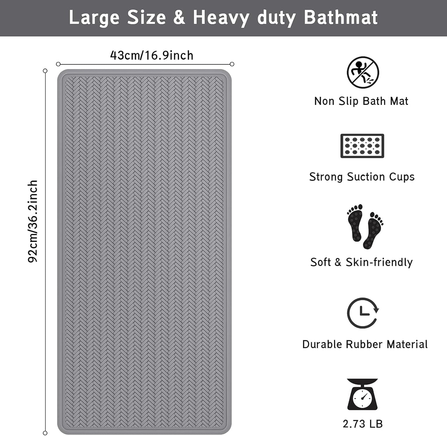 OTHWAY Non Slip Bathtub Mat, Extra Long 43x92 cm Rubber Bath Tub Shower Mat, Soft Mat for Bathroom Tub with Strong Suction Cups (Grey)