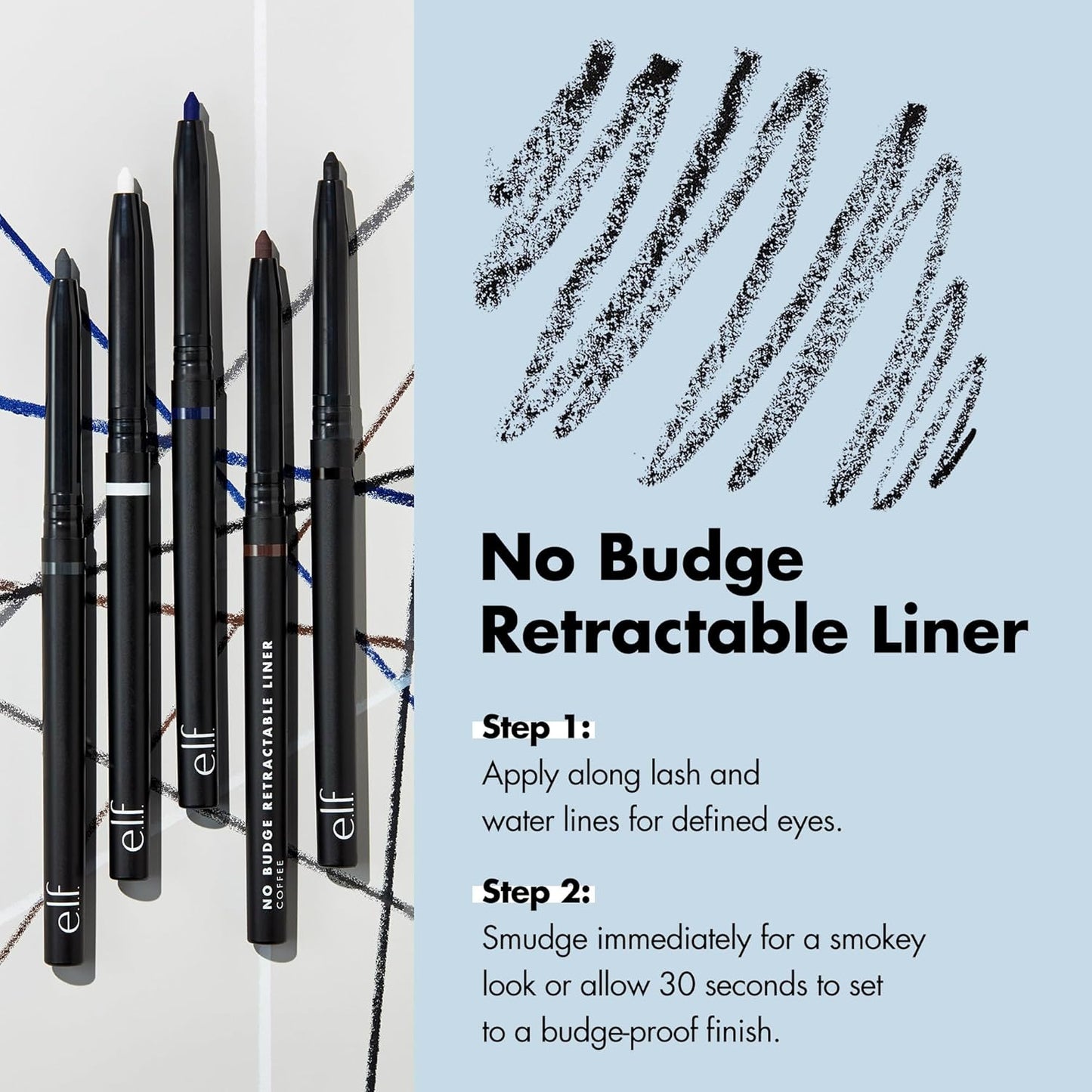 e.l.f. No Budge Retractable Eyeliner, Creamy, Ultra-Pigmented &amp; Waterproof, Creates Bold &amp; Defined Lines, Vegan &amp; Cruelty-Free, Black