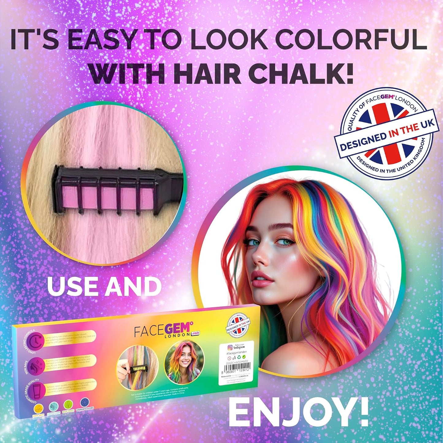12 Hair chalks comb, 12 NEON &amp; METALLIC hair chalk, Non-Toxic Easy Washable Hair Dye Colourful, METALLIC &amp; NEON hair chalk -Perfect for Festivals, Halloween, Party, hair chalks for girls