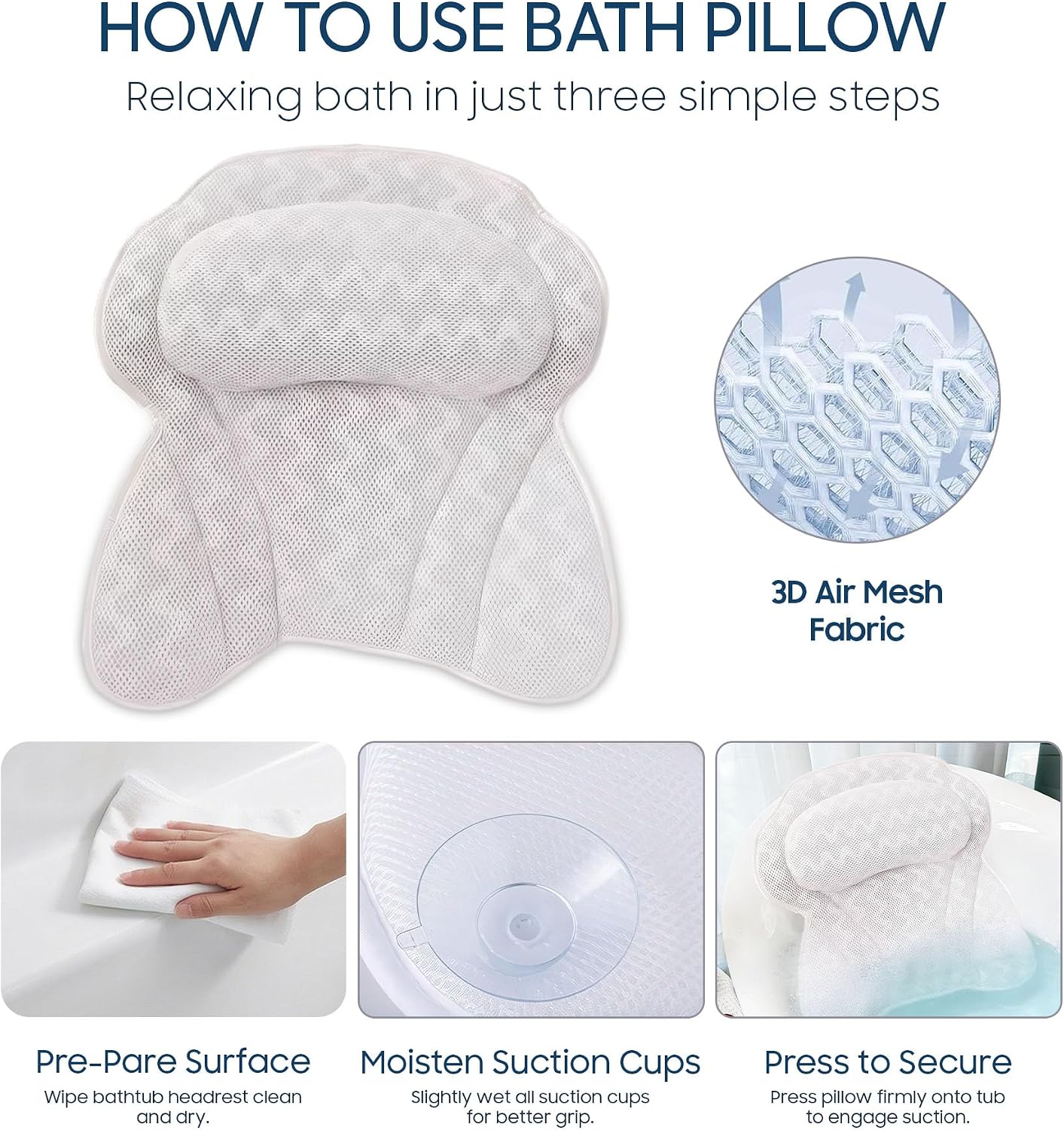 ADOV Luxury Bath Pillow, Non-Slip Comfortable Bathtub Pillow with 6 Suction Cups, Ergonomic 4D Air Mesh Headrest Cushion for Head, Shoulder, Neck and Back Support Home Spa Hot Tub Jacuzzi