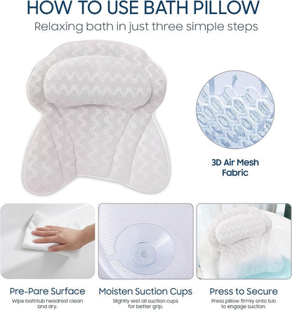 ADOV Luxury Bath Pillow, Non-Slip Comfortable Bathtub Pillow with 6 Suction Cups, Ergonomic 4D Air Mesh Headrest Cushion for Head, Shoulder, Neck and Back Support Home Spa Hot Tub Jacuzzi