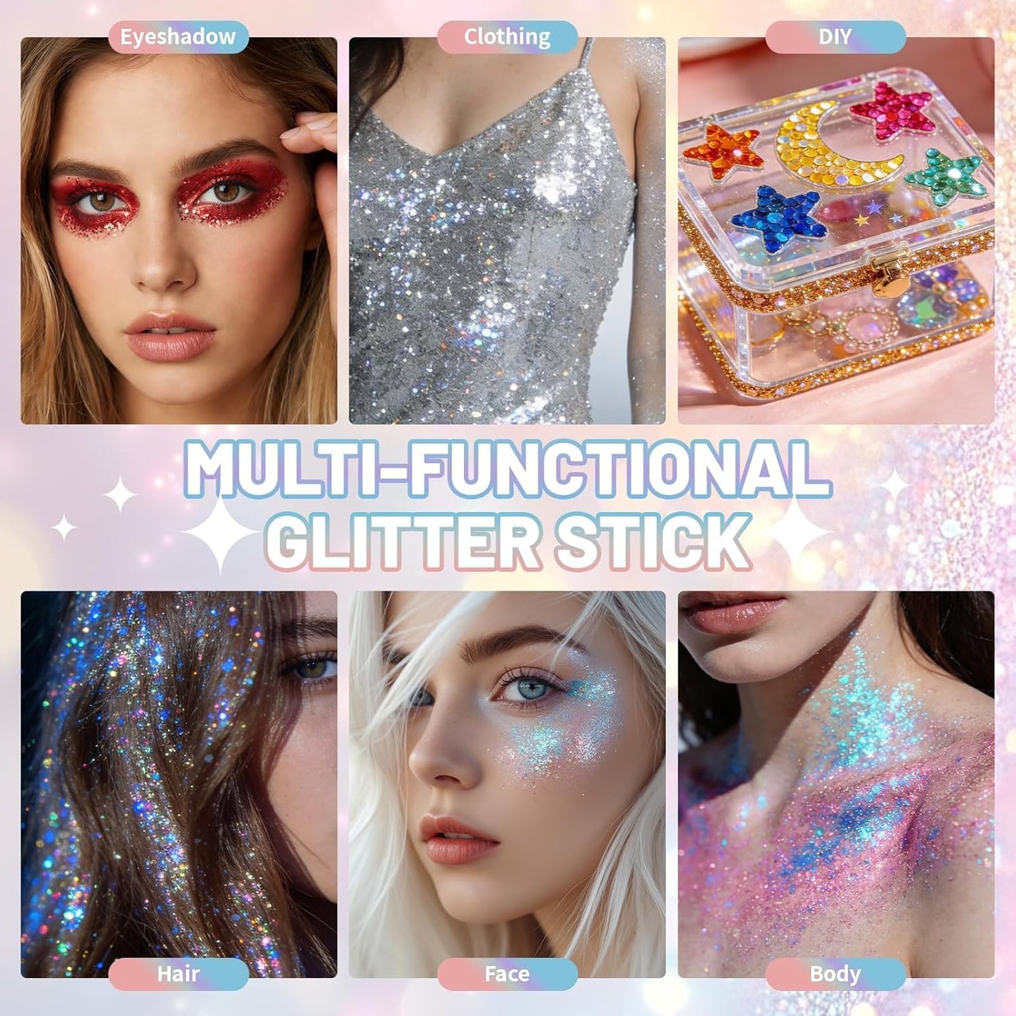 Prreal Rainbow White Body Glitter Stick,Sparkly Hair Face Glitter Makeup for Women Rave Outfit Accessories,Holographic Mermaid Glitters Face Paint Stick for Women Halloween Makeup 1.12 oz, #01